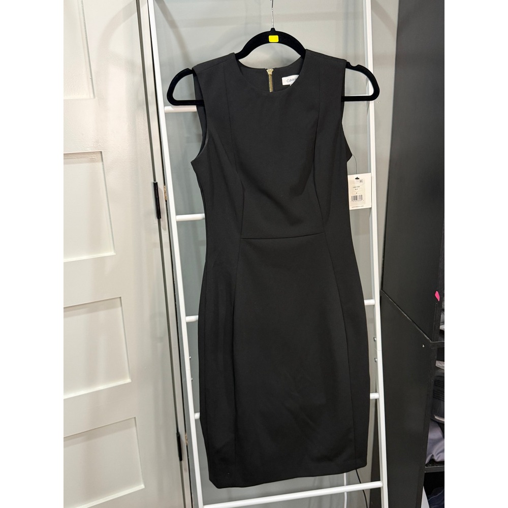 Calvin Klein Womens Black Sleeveless Sheath Dress Gold Zip Size 2 Minimalist